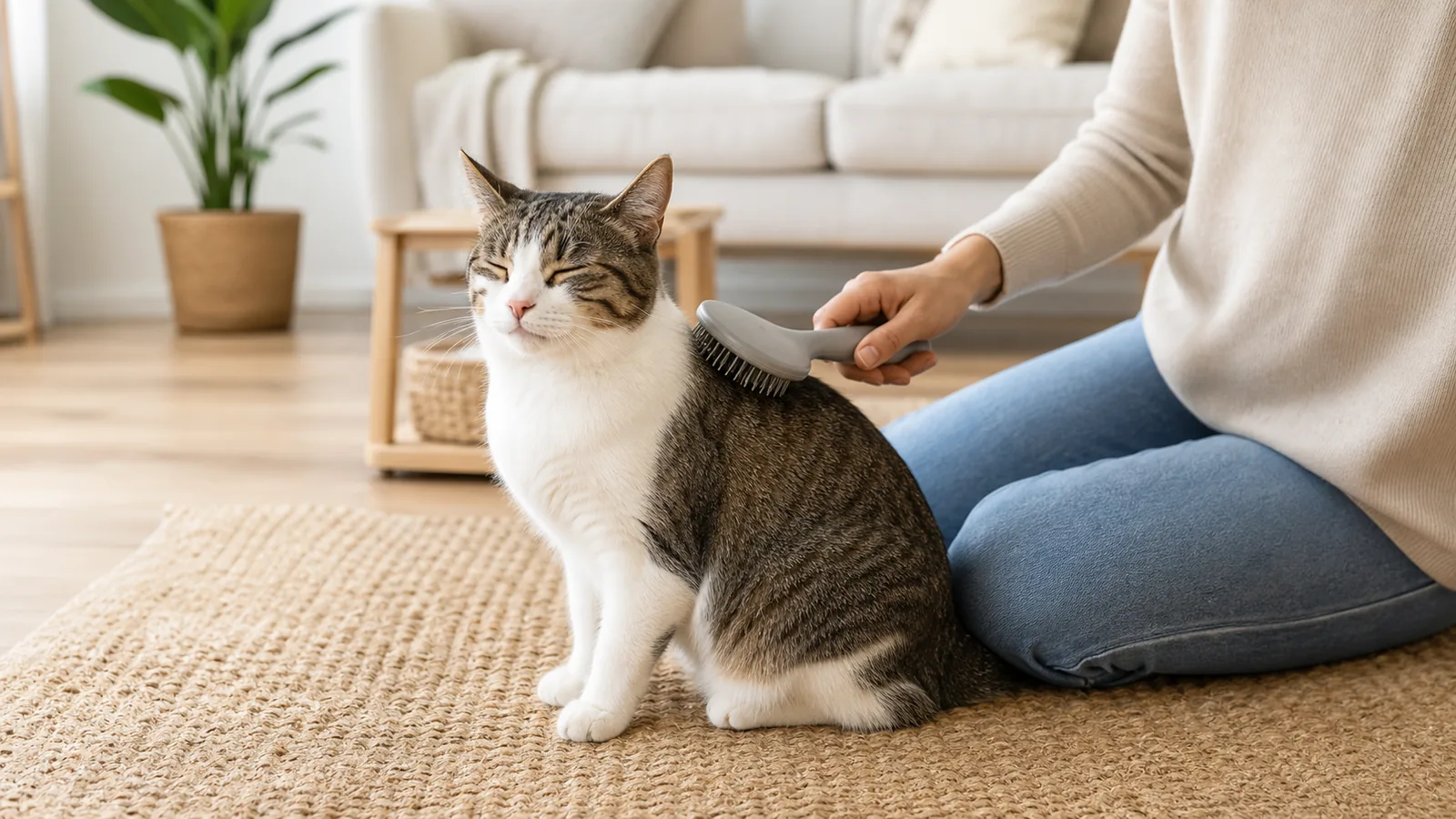 Tutor escovando suavemente um gato de pelo curto