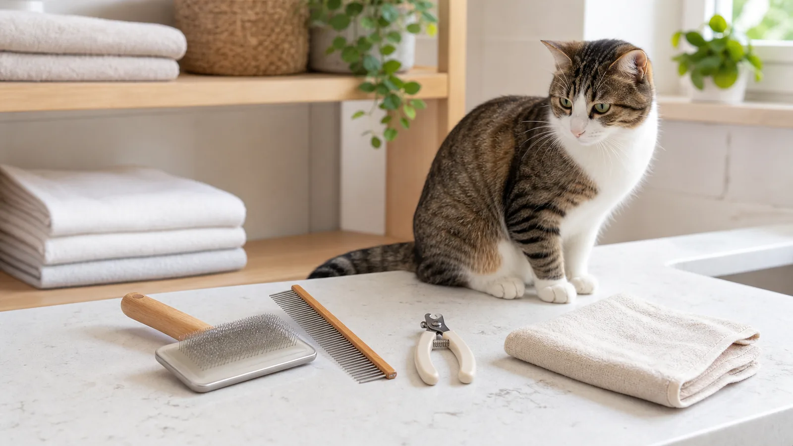 Kit de cuidados para gatos com diferentes ferramentas de escovação organizadas