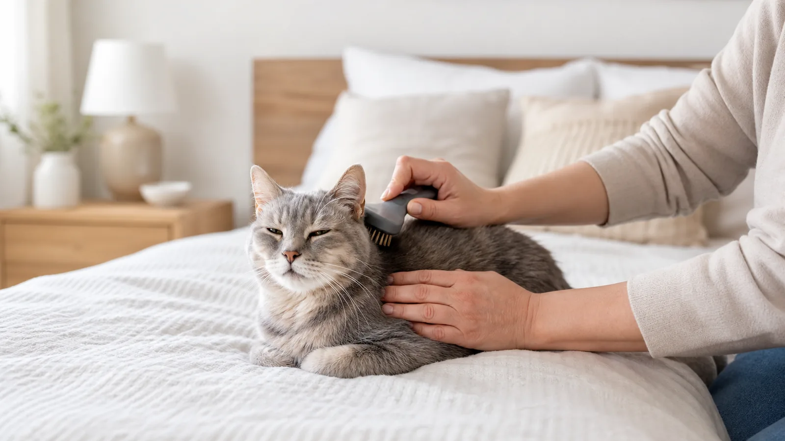 Gato recebendo escovação suave em ambiente doméstico