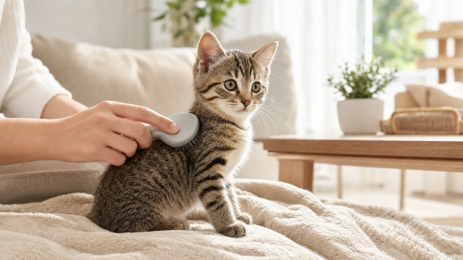 Filhote de gato durante uma primeira sessão tranquila de escovação