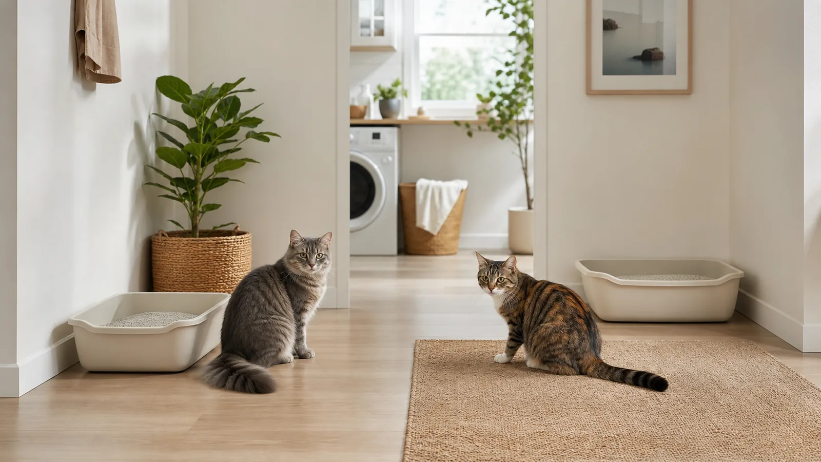 Dois gatos com caixas de areia separadas em ambiente doméstico
