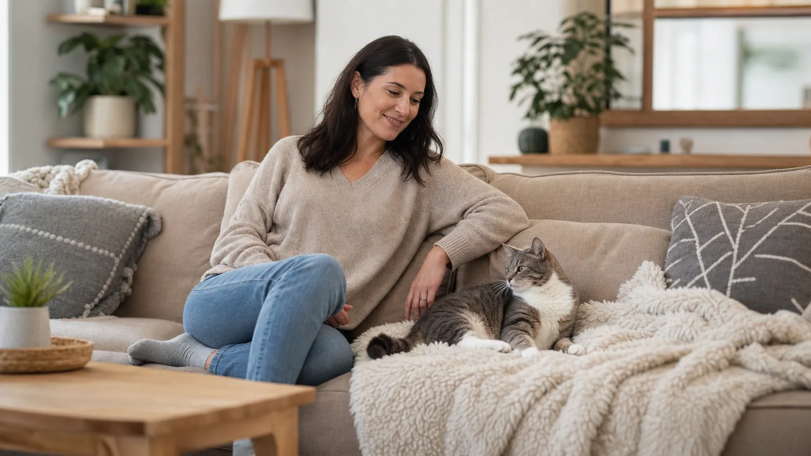 Tutor relaxando no sofá com um gato