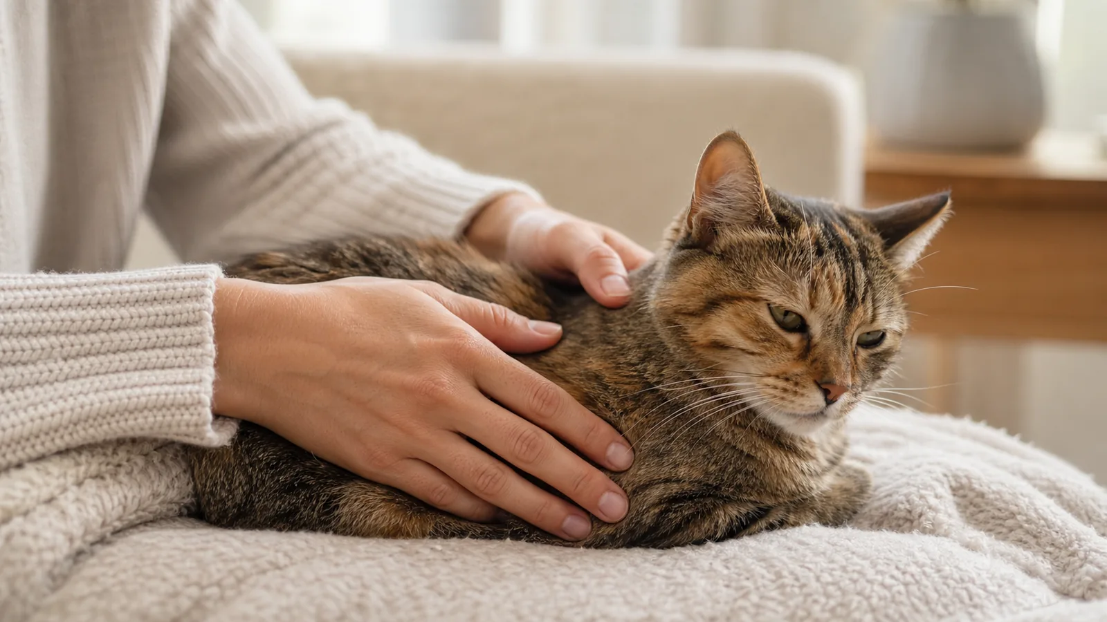Tutora fazendo carinho em um gato em casa