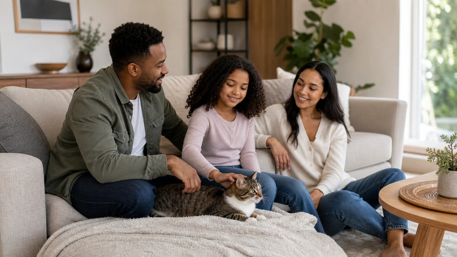 Família passando tempo com um gato em casa