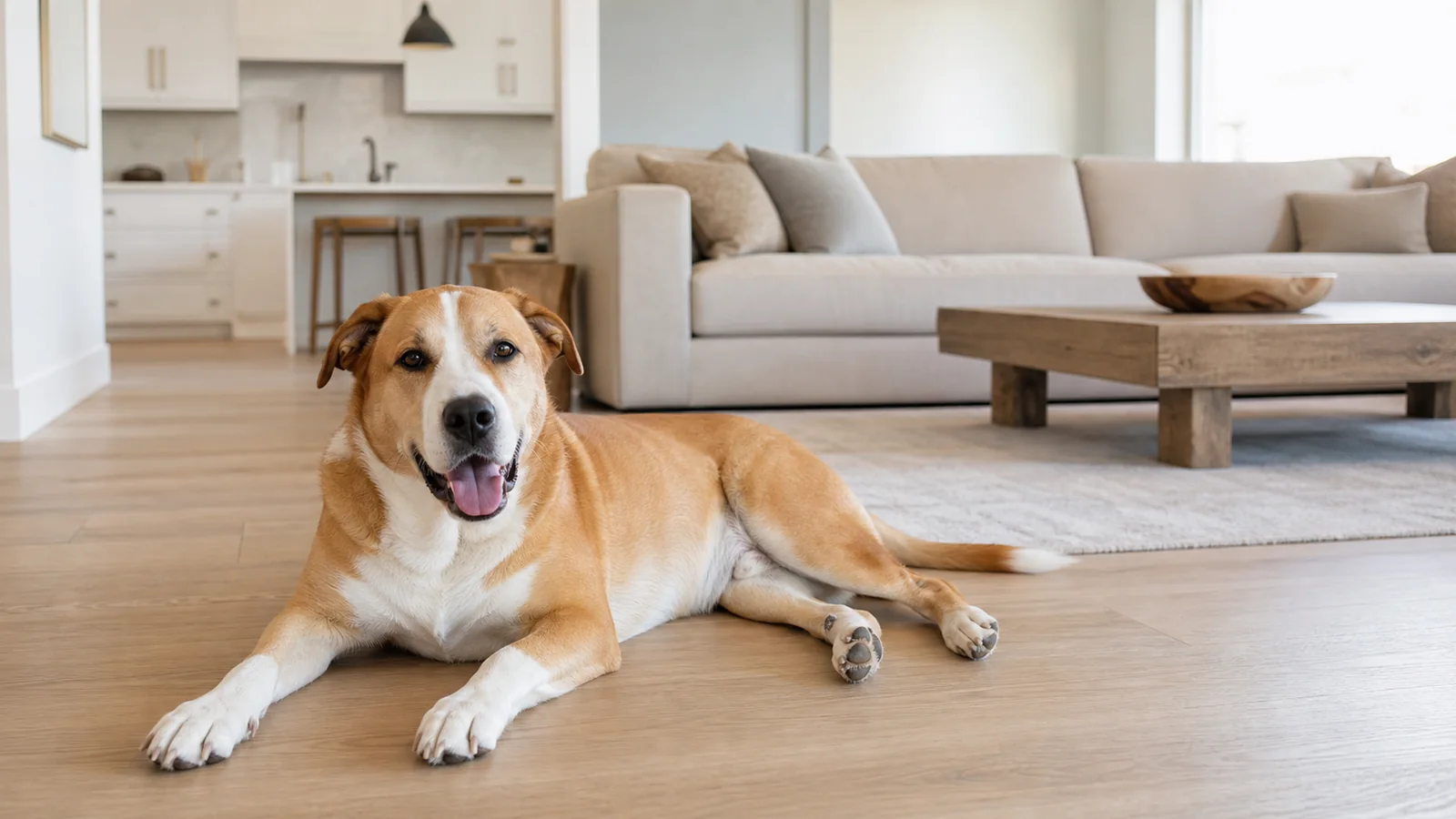 Cão de porte maior descansando no piso de casa