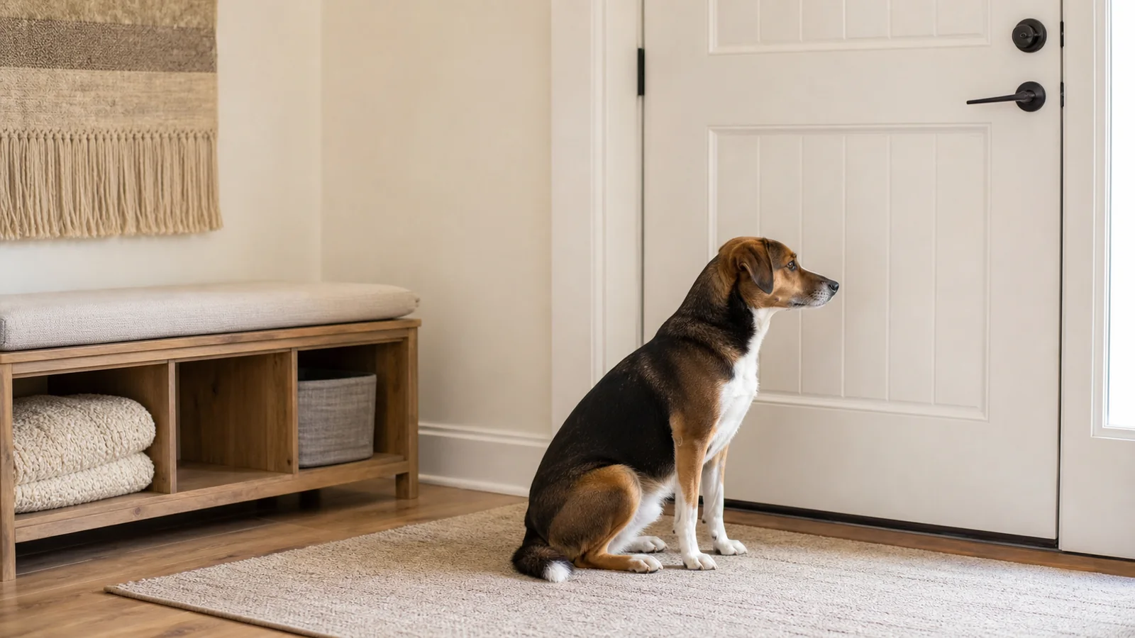 Cachorro esperando próximo à porta de casa