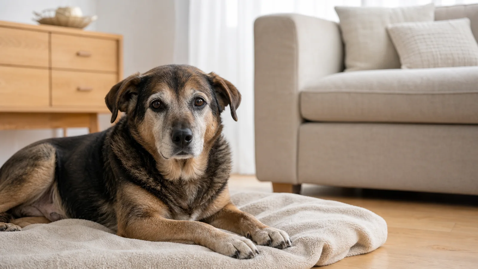 Cão idoso confortável dentro de casa