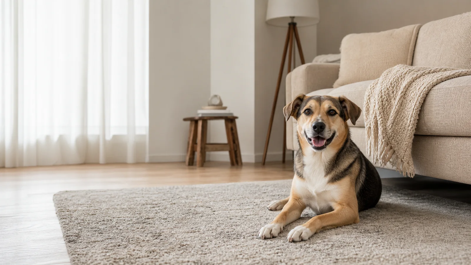 Cão feliz em uma casa clara e acolhedora