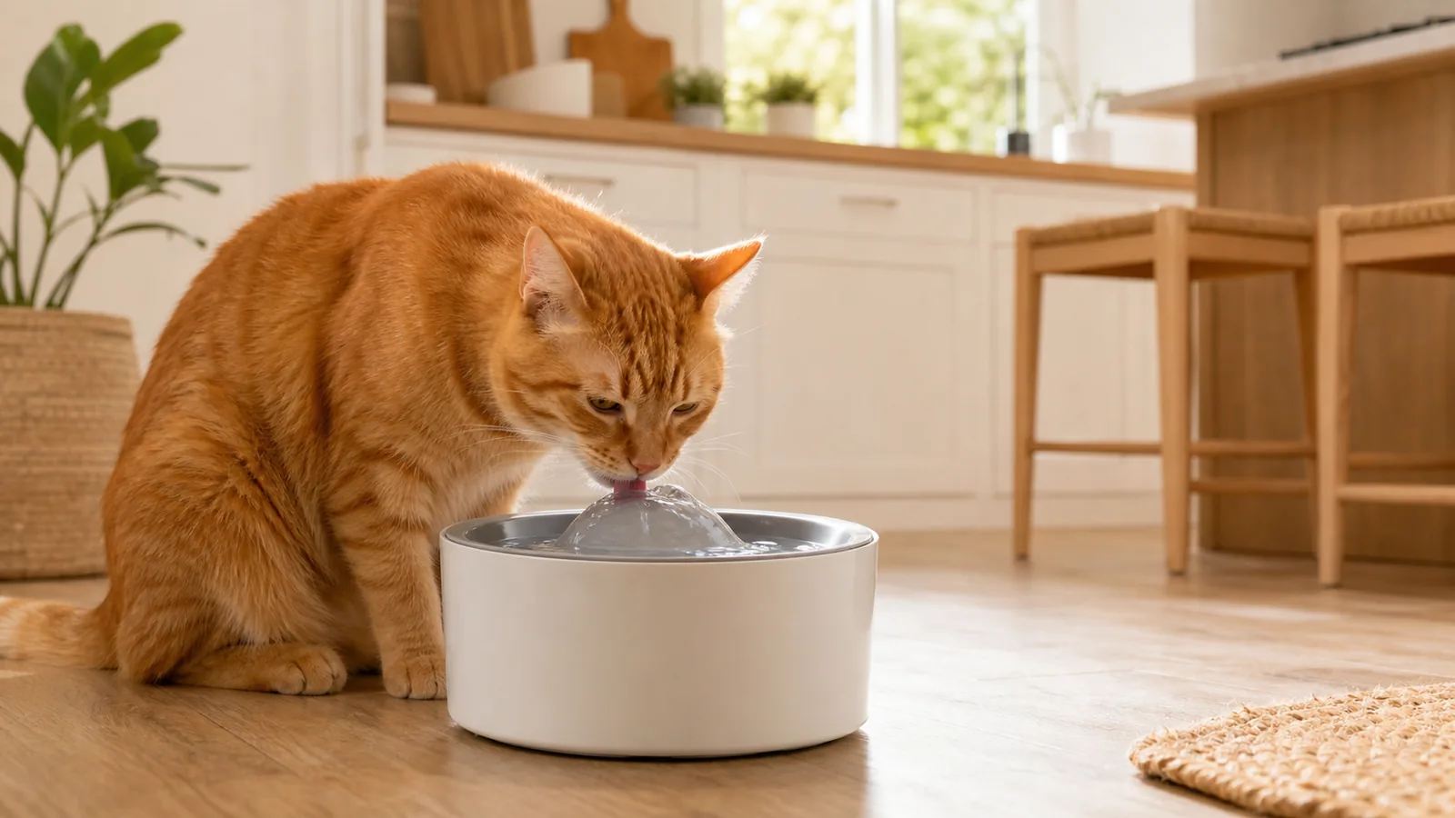 Gato bebendo água em uma fonte doméstica