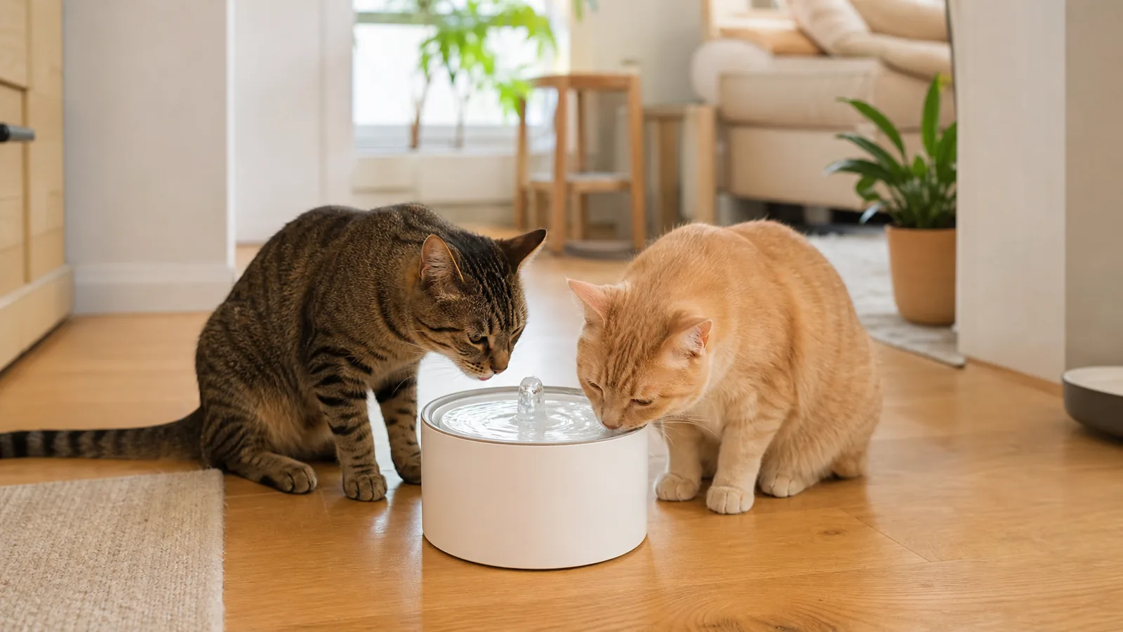 Dois gatos próximos de uma fonte de água
