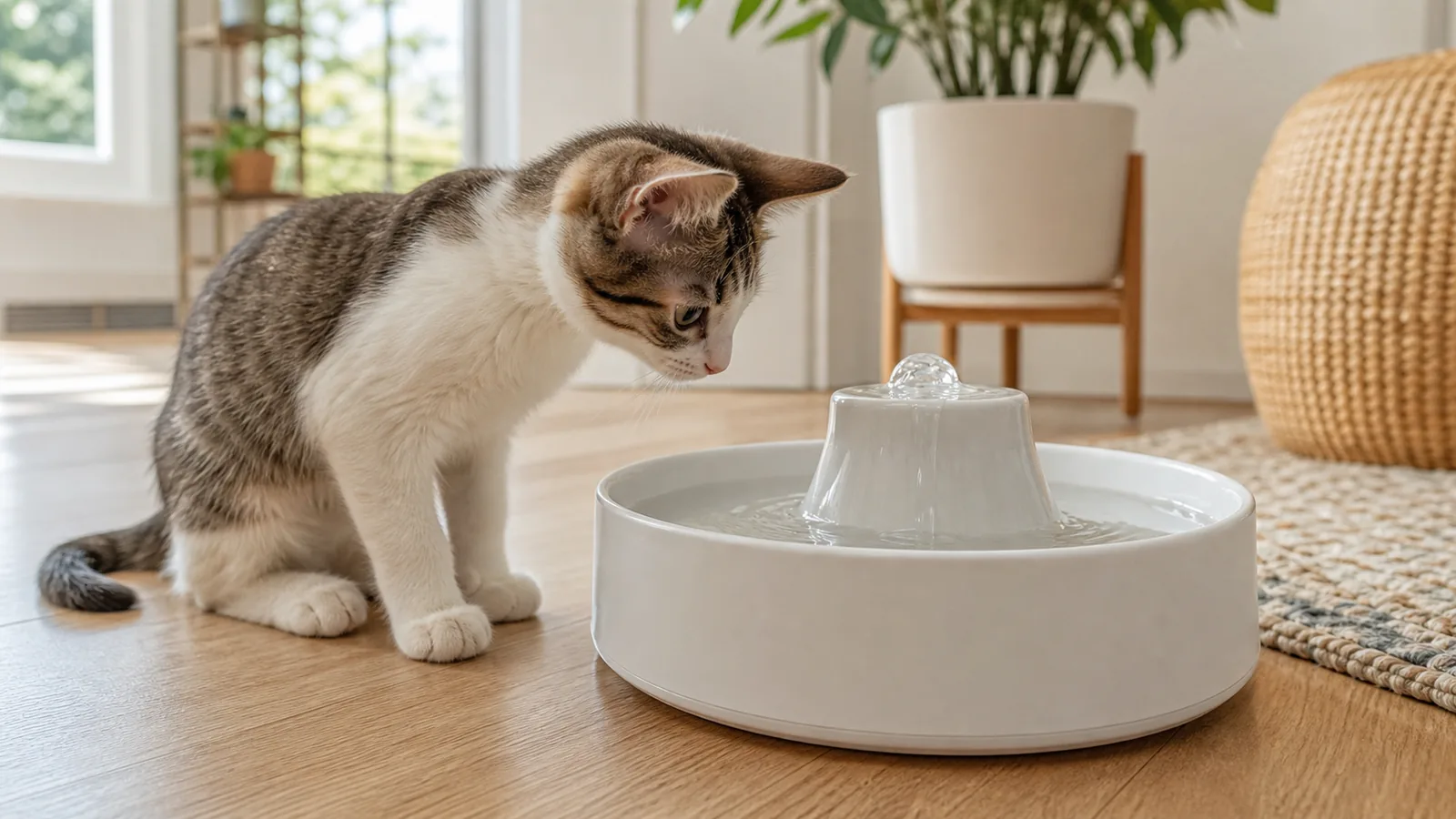 Filhote de gato explorando uma fonte de água nova