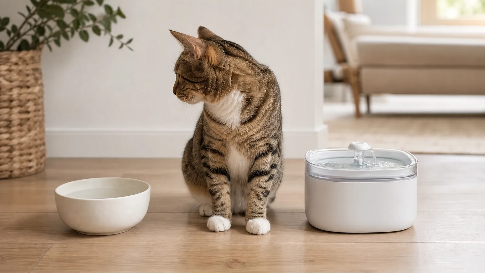 Gato entre um pote de água e uma fonte doméstica