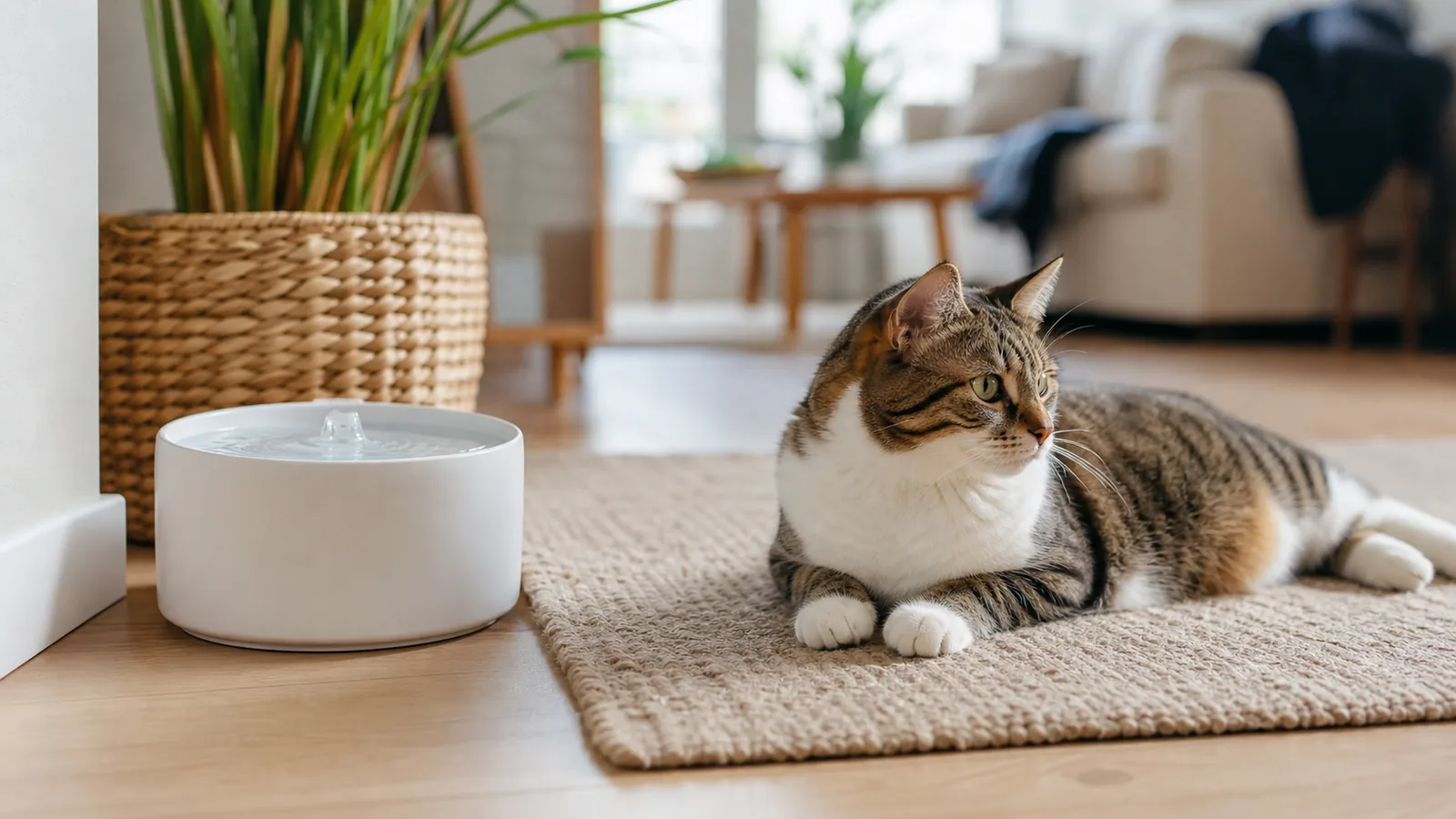 Gato descansando próximo de uma fonte de água em ambiente tranquilo